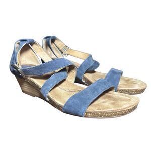 Sofft Blue Suede Wedge Sandals Size 7 Comfort Cushioned Footbed Strappy denim